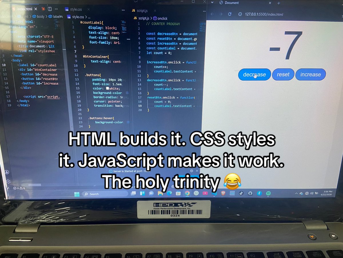 Mattie_Tech's tweet image. Day 8/60 — Built a Counter App 🟨
HTML + CSS + JavaScript all working together for the first time 🔥
count++ count-- count = 0
Three buttons. Real time updates. Smooth hover transitions.
This is starting to feel like real development 😭💪
#100DaysOfCode #JavaScript #CodeNewbie