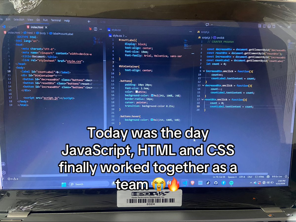 Mattie_Tech's tweet image. Day 8/60 — Built a Counter App 🟨
HTML + CSS + JavaScript all working together for the first time 🔥
count++ count-- count = 0
Three buttons. Real time updates. Smooth hover transitions.
This is starting to feel like real development 😭💪
#100DaysOfCode #JavaScript #CodeNewbie