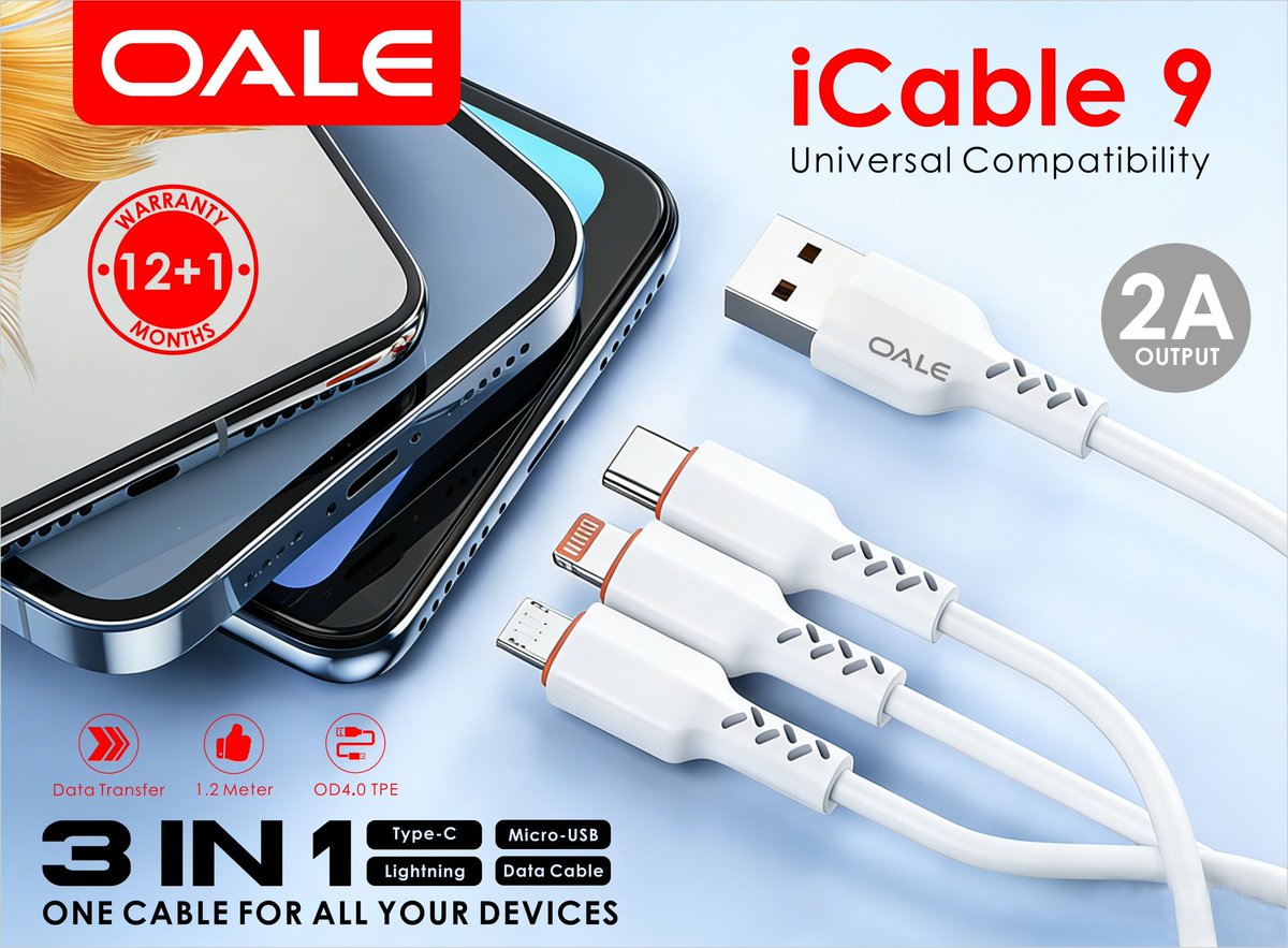 OALE_global's tweet image. 3 in 1. Zero stress. ⚡

Type-C, Lightning &amp;amp; Micro-USB — all in one powerful cable.
Upgrade your charging game with OALE.

#OALEAccessories #FastCharging #AllInOne