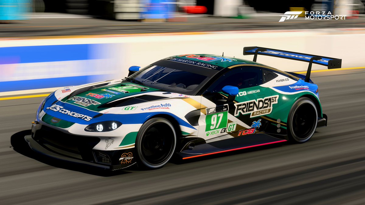 ESV_Phoenix's tweet photo. I've not posted a new livery in a while, so here's a fresh lobby livery for the Aston Martin Vantage GTE for @Friend1stRacing, showcasing they're relationship with #JCSconcepts and #TCGamerican.

@ForzaMotorsport 
@ForzaLiveryHub 
@GridFinder 
@AMR_Official https://t.co/ucMBxaRUR9
