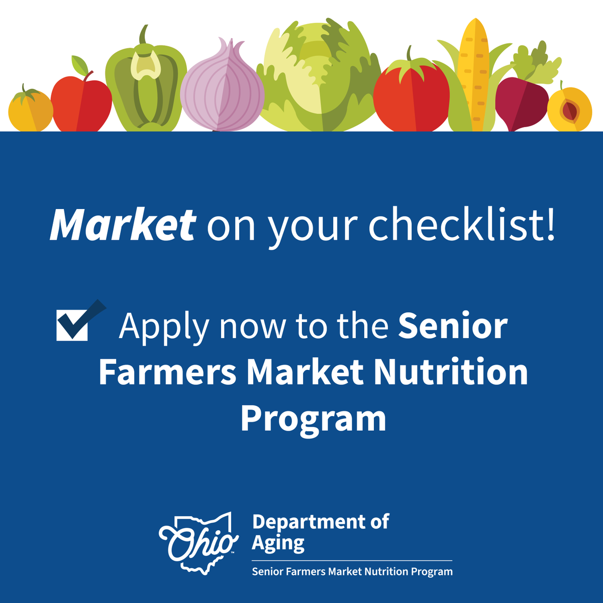 OhioDeptOfAging's tweet photo. Farmers market season is here!
Qualifying Ohioans can apply now to receive $50 in benefits for fresh Ohio fruits, vegetables, unprocessed honey, and herbs.
Learn more and sign up: https://t.co/BHFtqVVWd2 https://t.co/Wi5ph2mIc7