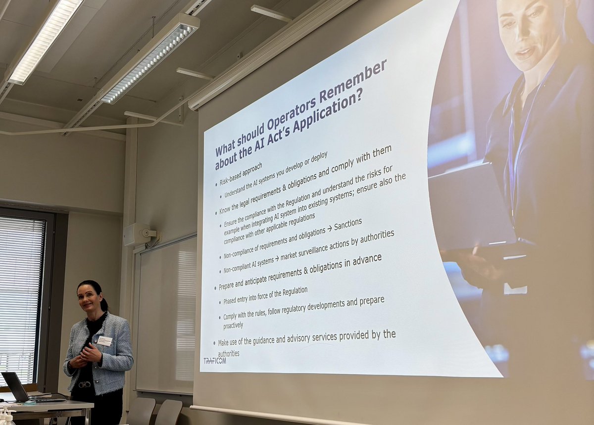 MarjoUP's tweet photo. Työntäyteisessä NAU Helsinki -työpajassa edistettiin yhteistä pohjois-baltialaista tekoälyekosysteemiä. Lakimies Anne Kaartinen, @TraficomFinland , esitys tekoälyn sääntelystä Suomessa – ajankohtainen ja selkeä katsaus EU-vaatimusten toimeenpanoon. #AIA #tekoäly https://t.co/EQ1g8PXcCP