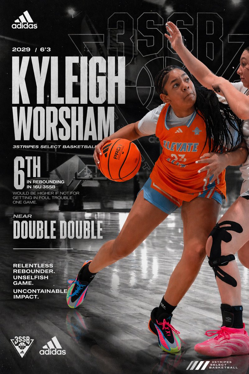 Elevate_Elite's tweet photo. 2029 6'3 Kyleigh Worsham showed out on the Adidas stage.
Elite touch around the rim. Relentless on the boards. Runs the floor hard.

Tied for 6th in rebounding (16U 3SSB) — and that’s with foul trouble in one game.

Holding D1 offers. Bigs with a relentless attitude is hard to find.

One of the most promising bigs in her class. The upside is REAL.
#EYG #3SSB #3StripeLife

@jonae44 📸
