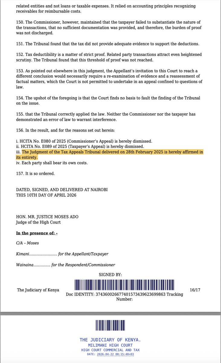 I hope the High Court's decision by Justice Moses Ado on April 10th, 2026 finally closes the debate on Sec15(2, a) of the Income Tax Act &amp; Legal Notice 37/2011 on the deductibility, or lack thereof, of bad debt. 

The High Court has upheld the argument, in line with the judgement