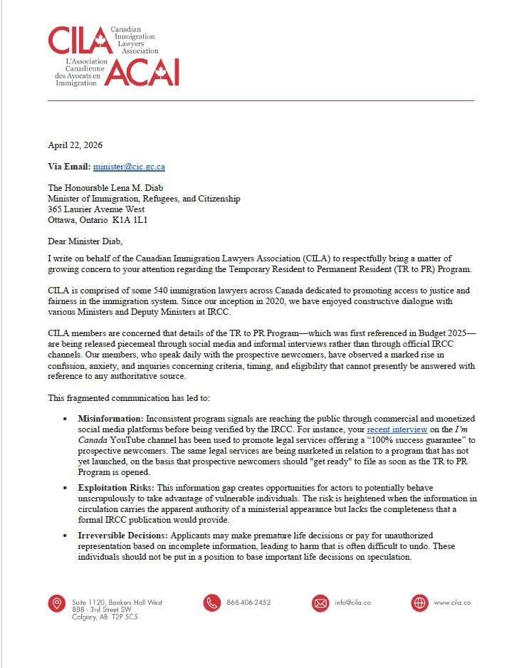 TTRRMK's tweet image. Letter from @CILAvoice to @LenaMetlegeDiab @CitImmCanada regarding concerns about the piecemeal release of information about the not yet formalized or existent TR to PR prorgam #cndimm cila.co/read-cilas-let…