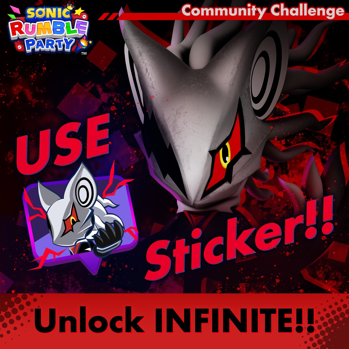 Está disponible para todos un nuevo sticker de Infinite. Comunidad, todos tendremos que usar el sticker en partidas para desbloquear premios, siendo el último premio, a Infinite como personaje.

El evento está activo ahora y lo estará hasta el 25 de Abril. #SonicRumblePartner