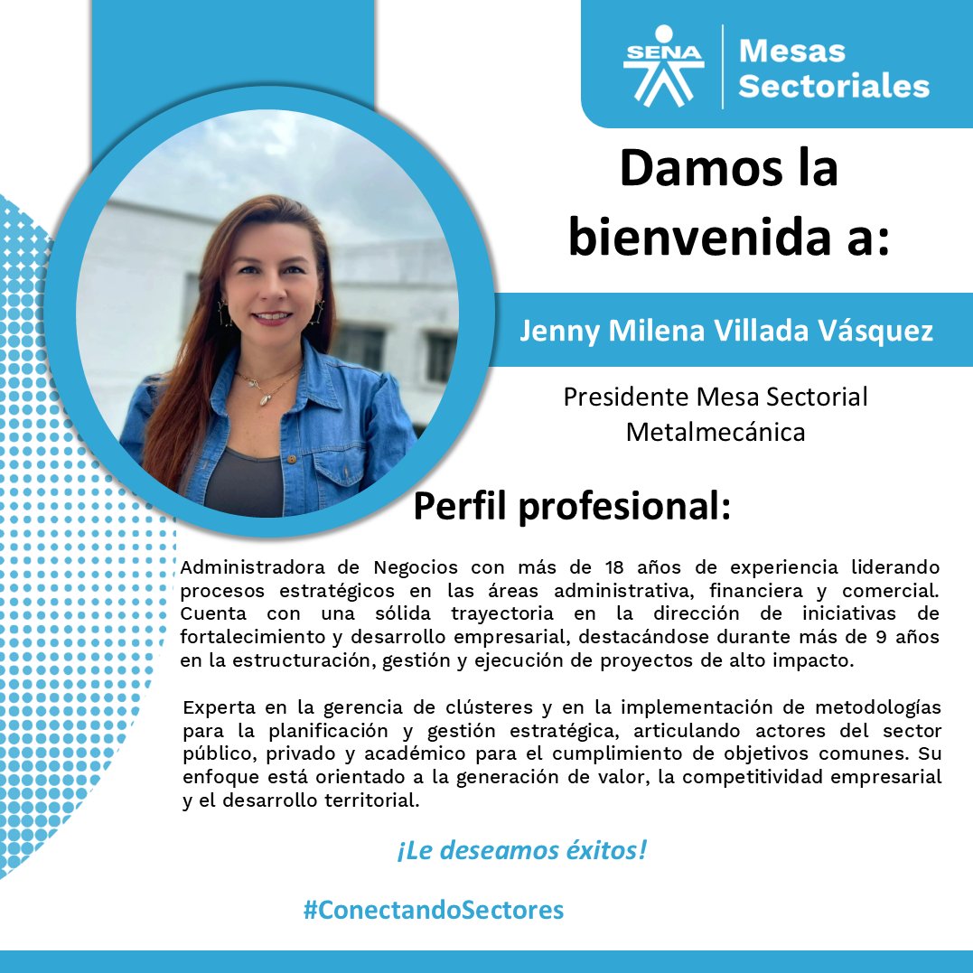 IndustrialMSec's tweet photo. Nos complace anunciar la elección de Jenny Villada como la nueva presidenta de la Mesa Sectorial Metalmecánica. Con su llegada, reafirmamos nuestro compromiso con la competitividad y el fortalecimiento del sector metalmecánico en el país.

#ConectandoSectores https://t.co/GDcNWS6Lsz