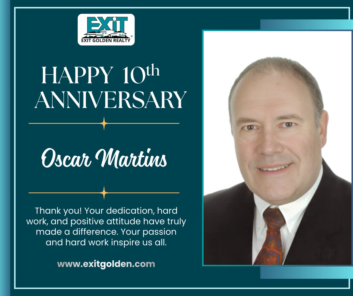 Celebrating 10 years of excellence in real estate.

Oscar Martins’ journey is a true testament to hard work, integrity, and lasting client relationships. We’re proud to celebrate this incredible milestone and the impact you’ve made over the years.

#EXITGoldenRealtyGroup #joinus
