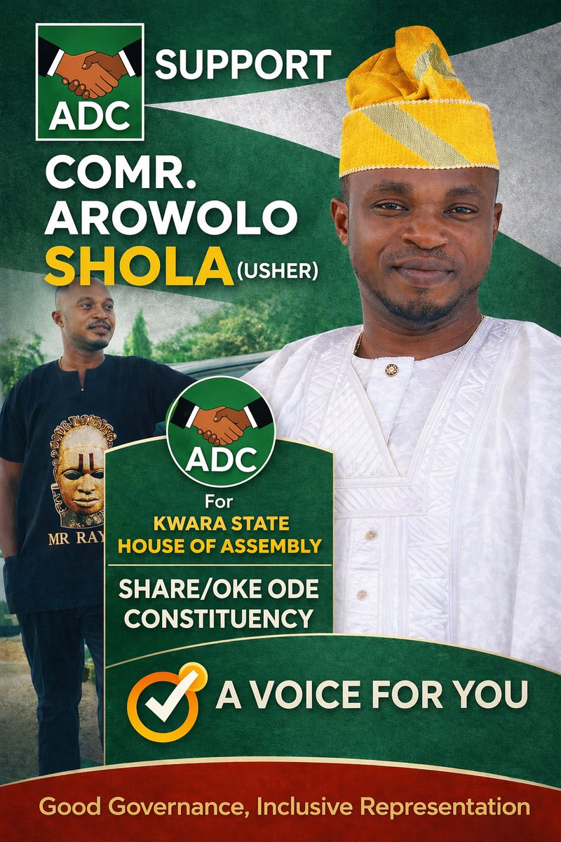SolaArowolo's tweet photo. DECLARATION OF INTENTION TO SERVE
SHARE/OKE-ODE CONSTITUENCY

My beloved people of Share/Oke-Ode Constituency,

I, Comrade Arowolo Shola, hereby declare my intention to contest for the Kwara State House of Assembly under the platform of the African Democratic Congress (ADC). https://t.co/ky38Yndtv1