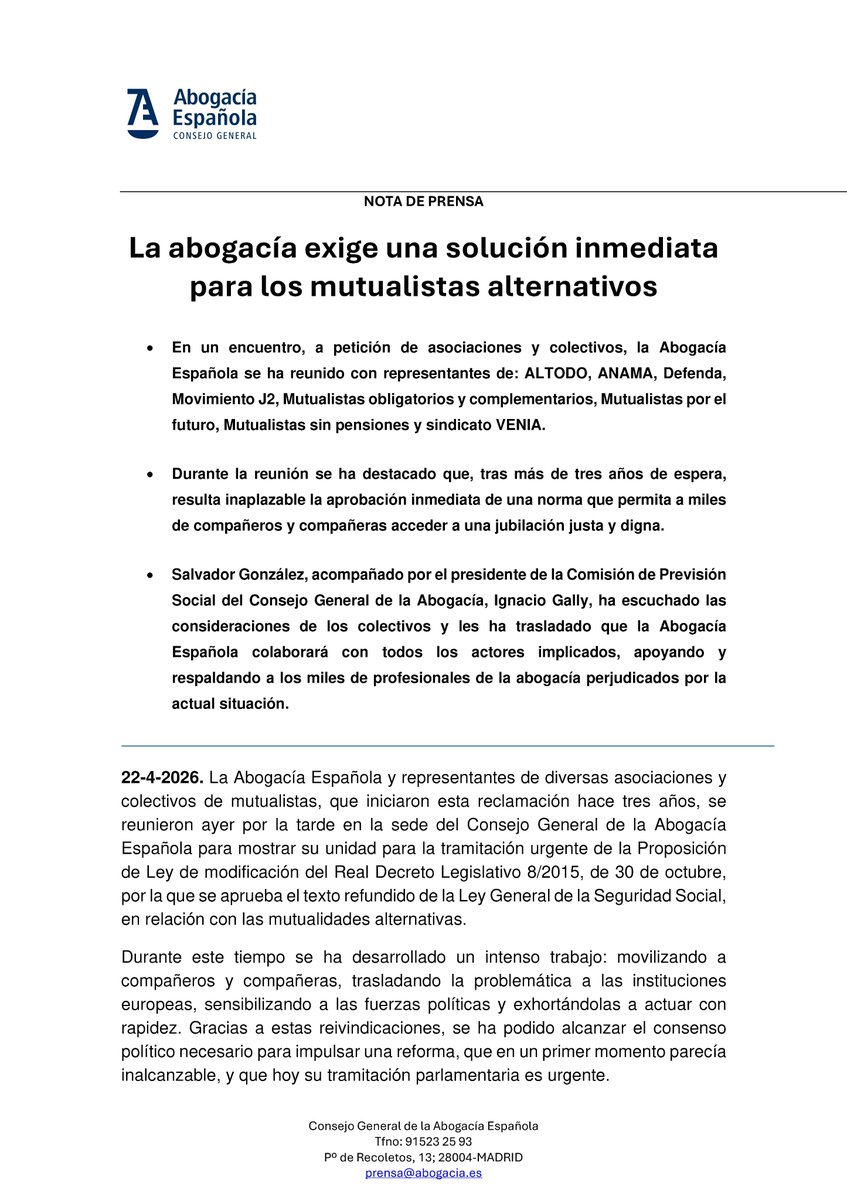 IcaTalavera's tweet photo. ⚖️📰𝗡𝗱𝗽 𝗱𝗲𝗹 𝗖𝗚𝗔𝗘.: "La abogacía exige una solución inmediata para los mutualistas alternativos."#abogaciaespañola #abogacia #CGAE #mutualistas @MargaCerro @Abogacia_es https://t.co/pMjoby47CG