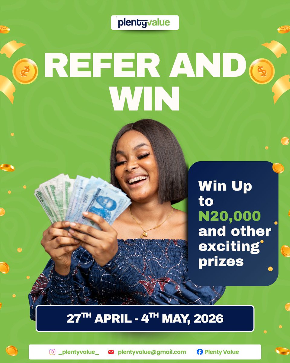 PlentyValue's tweet photo. Stand a Chance to Win N20,000 with other exciting Prices 

All you have to do is go to the plenty Value website https://t.co/0F5buOhPM7 on the 27th of April to Register for your personalized link and share with as many people as you can. 

Don't Miss this exciting chance o https://t.co/MyYWPPYO5T