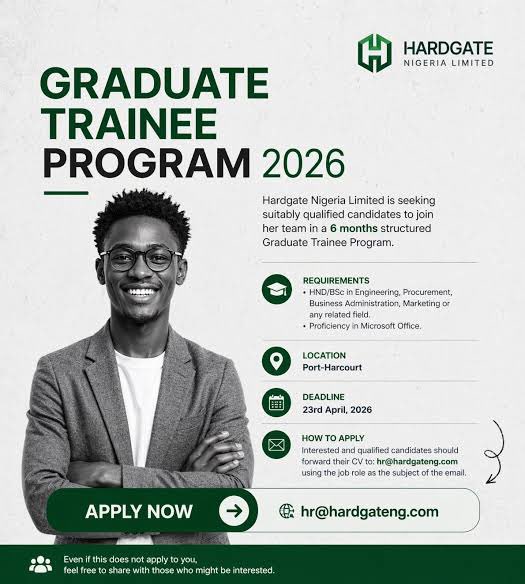 Jomo_Of_FUTA's tweet photo. Hardgate Nigeria Limited Graduate Trainee Program 2026

The Graduate Trainee Program is a 6-month structured training program designed to help fresh graduates transition into the workforce with practical knowledge and hands-on experience.

Deadline: April 23, 2026

Apply here👇
Interested and qualified candidates should send their CV to: hr@hardgateng.com

Email Subject: Use the job role as the subject of your email.