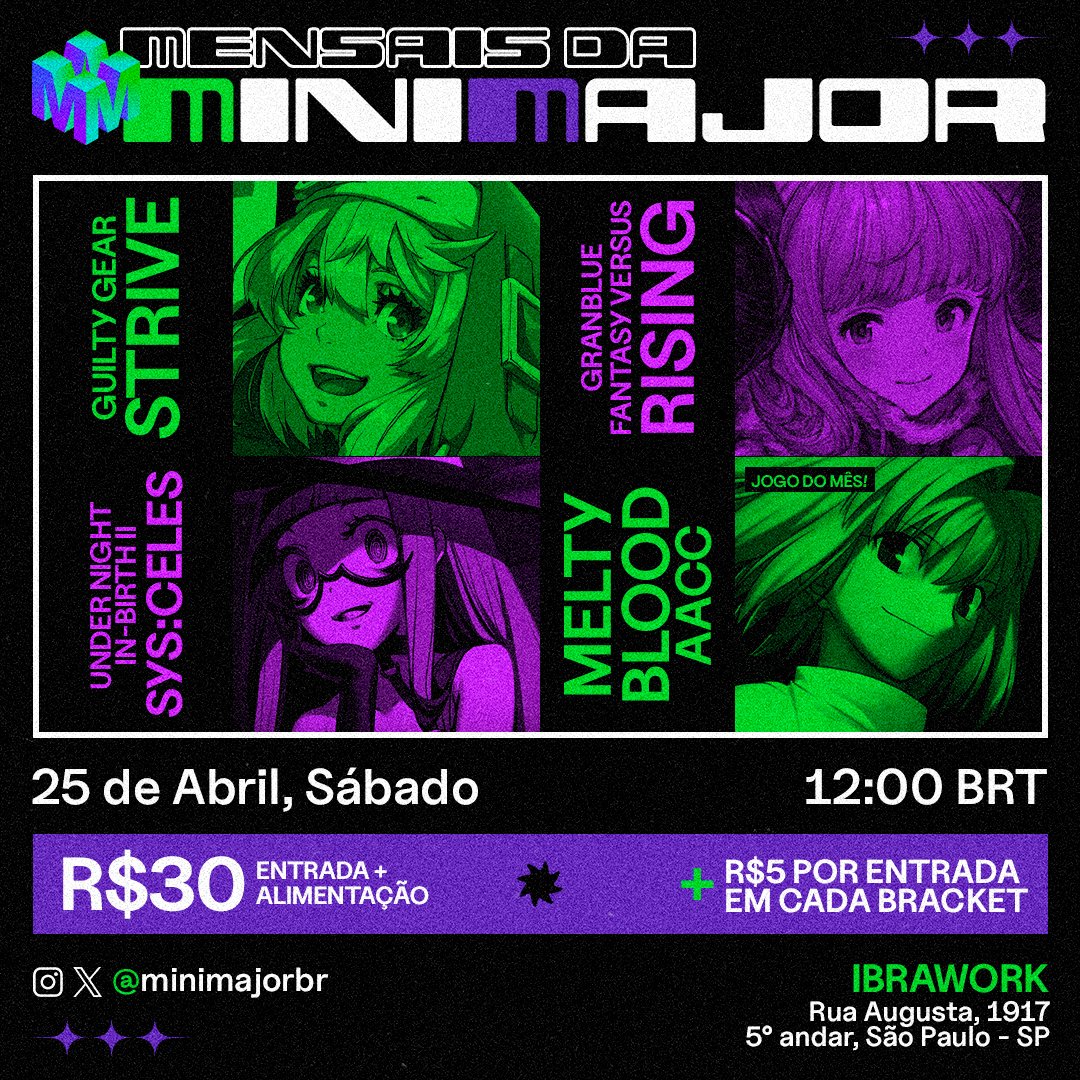 NÃO DEIXE PRA ÚLTIMA HORA!

DIA 25/04 TEMOS O NOSSO MENSAL DE ABRIL, LEMBRANDO QUE O PRIMEIRO LUGAR DO #GGST VALE VAGA PARA O #3F!

ÀS BRACKETS COMEÇAM ÀS 12H, O EVENTO ABRE ÀS 10H!

SE INSCREVA NO LINK DO PRIMEIRO COMENTÁRIO!
👇👇👇👇👇👇