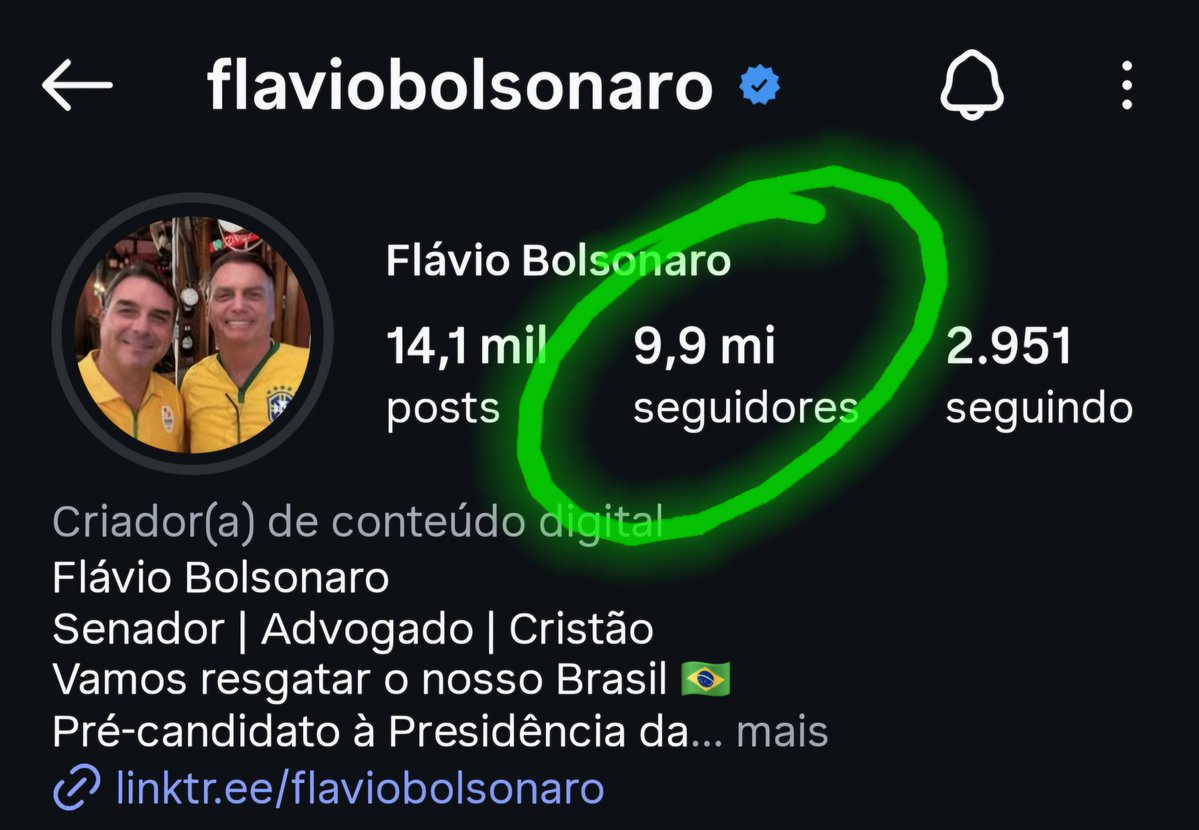 Nosso futuro Presidente <a href="/FlavioBolsonaro/">Flávio Bolsonaro</a> está quase batendo 10 MILHÕES de seguidores no INSTAGRAM, quem não segue ele lá ainda, segue lá, vamos bater 10M logo!

#FlávioBolsonaro2026 🗳✅️