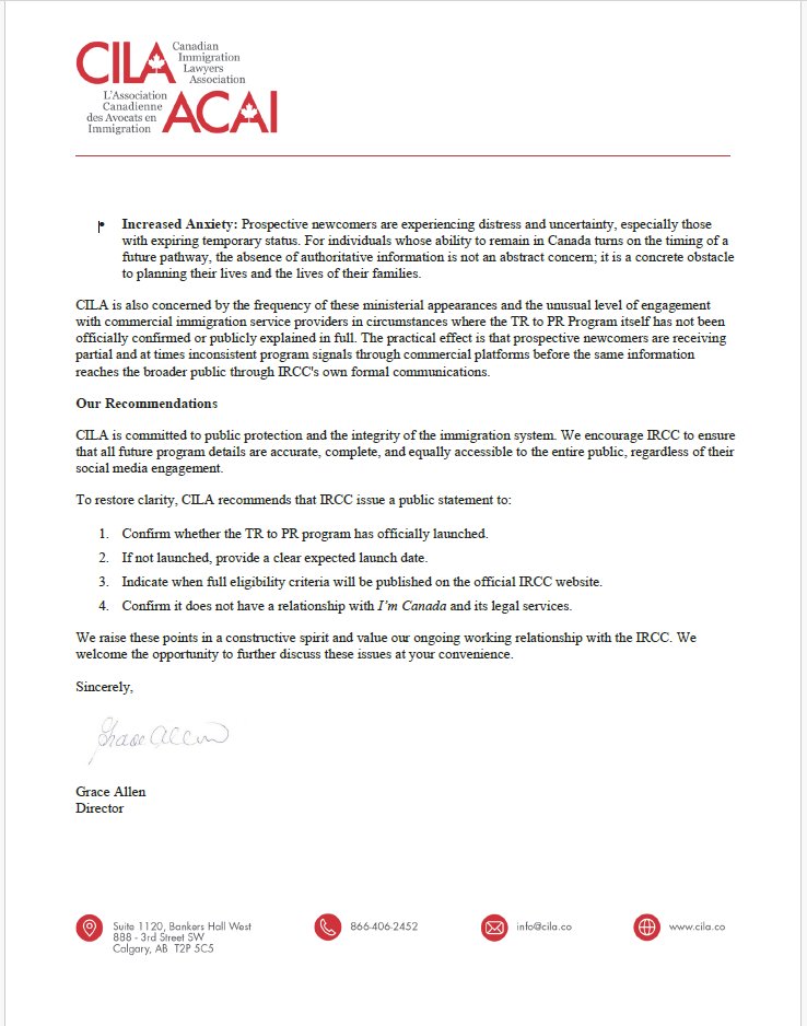 TTRRMK's tweet image. Letter from @CILAvoice to @LenaMetlegeDiab @CitImmCanada regarding concerns about the piecemeal release of information about the not yet formalized or existent TR to PR prorgam #cndimm cila.co/read-cilas-let…