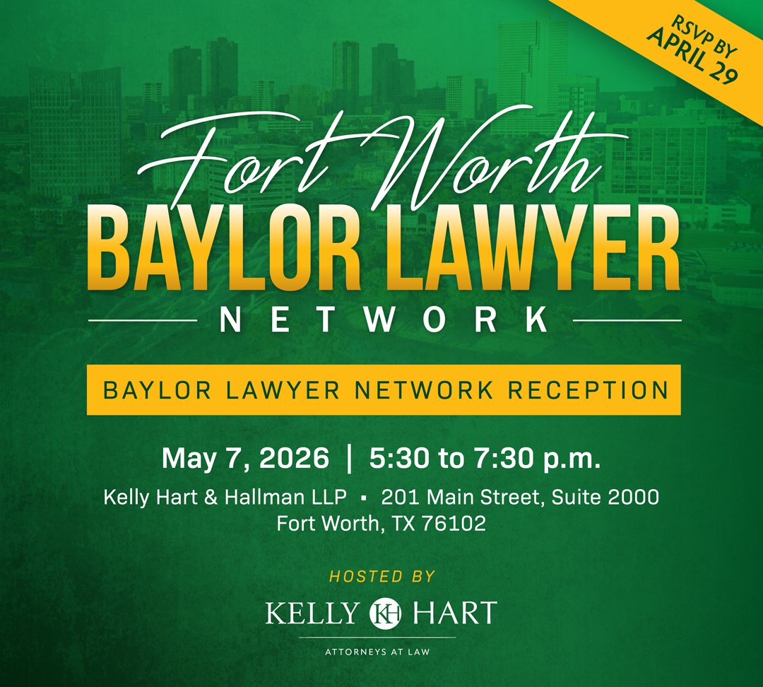 BaylorLawSchool's tweet photo. Join fellow Baylor Lawyers for the Fort Worth Baylor Lawyer Network Reception on May 7. Register today: https://t.co/imZPRLWPFL https://t.co/pn4Qv4jc5U