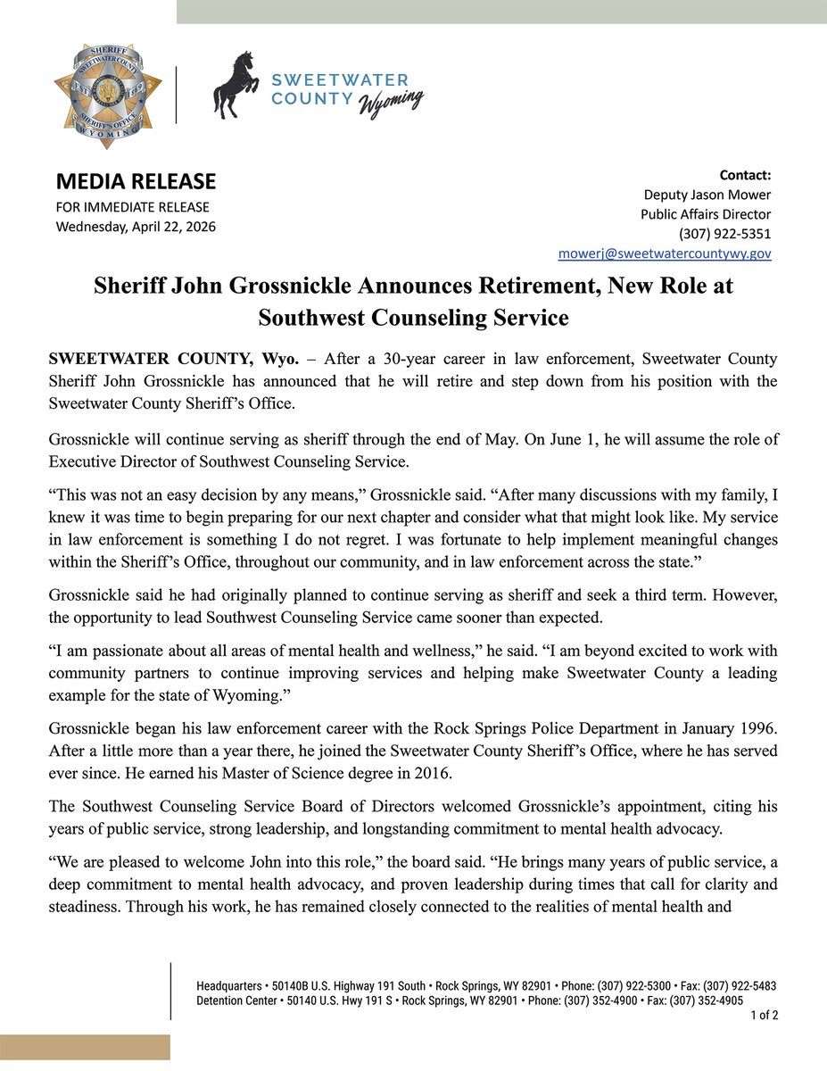 sweetwaterso's tweet photo. Sheriff John Grossnickle Announces Retirement, New Role at Southwest Counseling Service

More here: https://t.co/Z27VfHImXM https://t.co/Snp29hrWvb