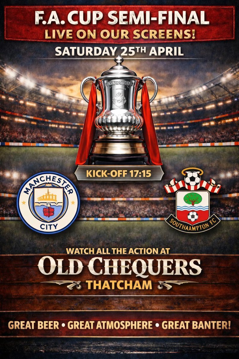 OldChequersPub's tweet image. #MCFC #TheCitizens #SFC #TheSaints #MANSOU #FACup #FACupSemiFinal #SemiFinal  #LiveFootball  #LocalPub  #OldChequers  #OldChequersThatcham