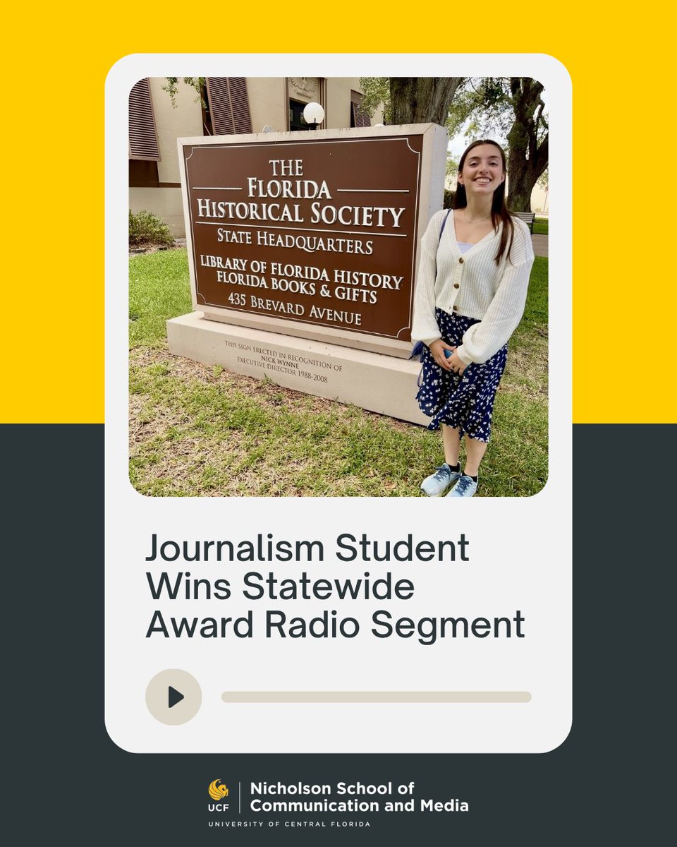 ucfnscm's tweet image. 🏆 Congratulations to NSCM student Claire Macchiarola on earning statewide recognition from the @FLAHistorical 

Claire received the 2026 Hampton Dunn Digital Media Award for her radio segment, “Remembering Silent Christmases in Cuba.”

#UCF #NSCM #StudentSuccess #Journalism