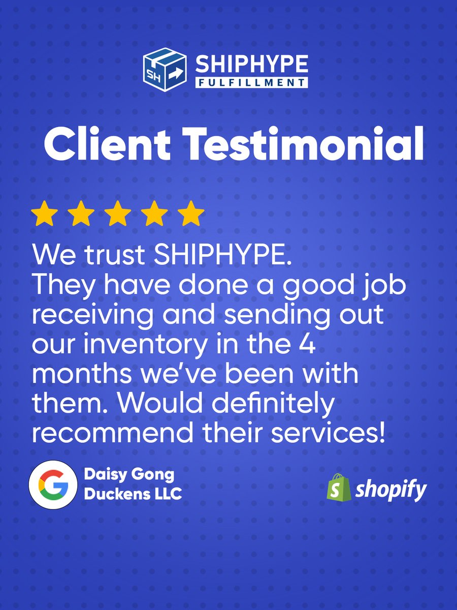 shiphype3PL's tweet photo. Thanks for the review Daisy!

Contact our sales team!

📧 sales@shiphype.com
📞 1.844.745.1999

#3pl
#dtcfulfillment
#ecommercefulfillment
#fulfillmentcenter
#shiphype https://t.co/eCFEfG2Qns