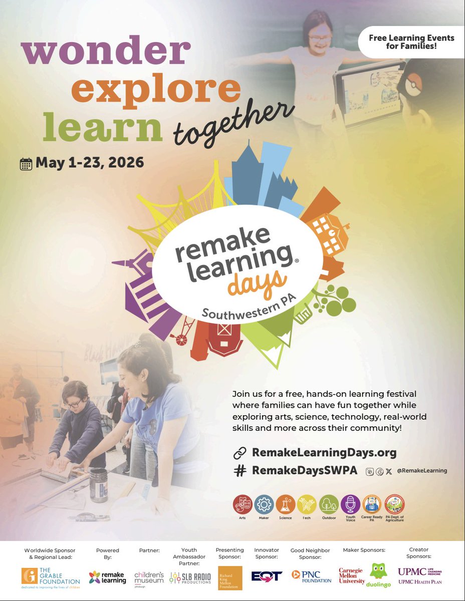 Avonworthschool's tweet photo. Wonder. Explore. Learn—together. ✨
Remake Learning Days is May 1–23 with FREE, hands-on events for families across Southwestern PA!
🔗 https://t.co/Ob2vuLebXl
#RemakeDaysSWPA https://t.co/tIcEmc7dvD