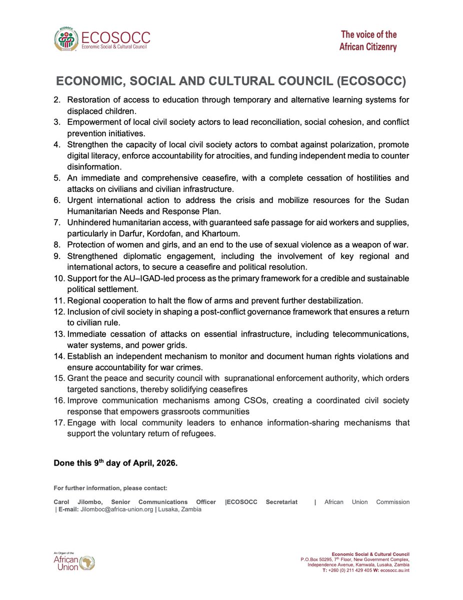 AU_ECOSOCC's tweet image. The statement from our Virtual CSOs' Town Hall on the Humanitarian Situation in #Sudan is now out.

Civil society organizations, partners, and #humanrights defenders from across the continent are raising urgent concern over the scale of the crisis.

Over 11 million people