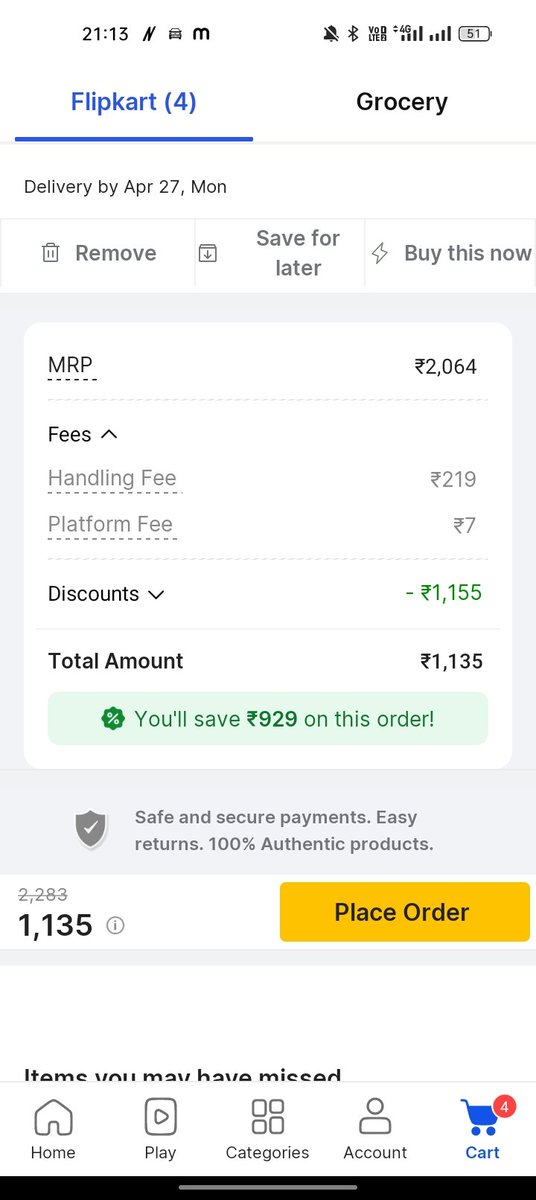 ₹219 handling fee + extra platform fee? 
<a href="/Flipkart/">Flipkart</a> is becoming unnecessarily expensive. How are customers supposed to trust this pricing
Even with Plus membership, these extra charges make no sense. There should be fair and transparent pricing, not hidden fees.<a href="/flipkartsupport/">FlipkartSupport</a>