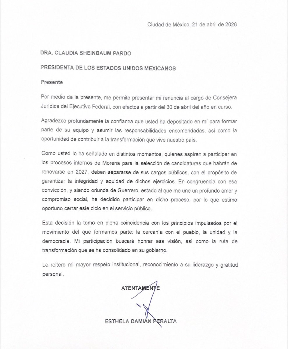 No es la búsqueda del poder por el poder lo que guía mis decisiones. 

Tengo claros mis principios y seguiré abonando para que nuestro movimiento se mantenga unido en la tierra del ☀️

Como lo anunció la Presidenta, <a href="/Claudiashein/">Claudia Sheinbaum Pardo</a>, presenté mi renuncia como Consejera Jurídica del
