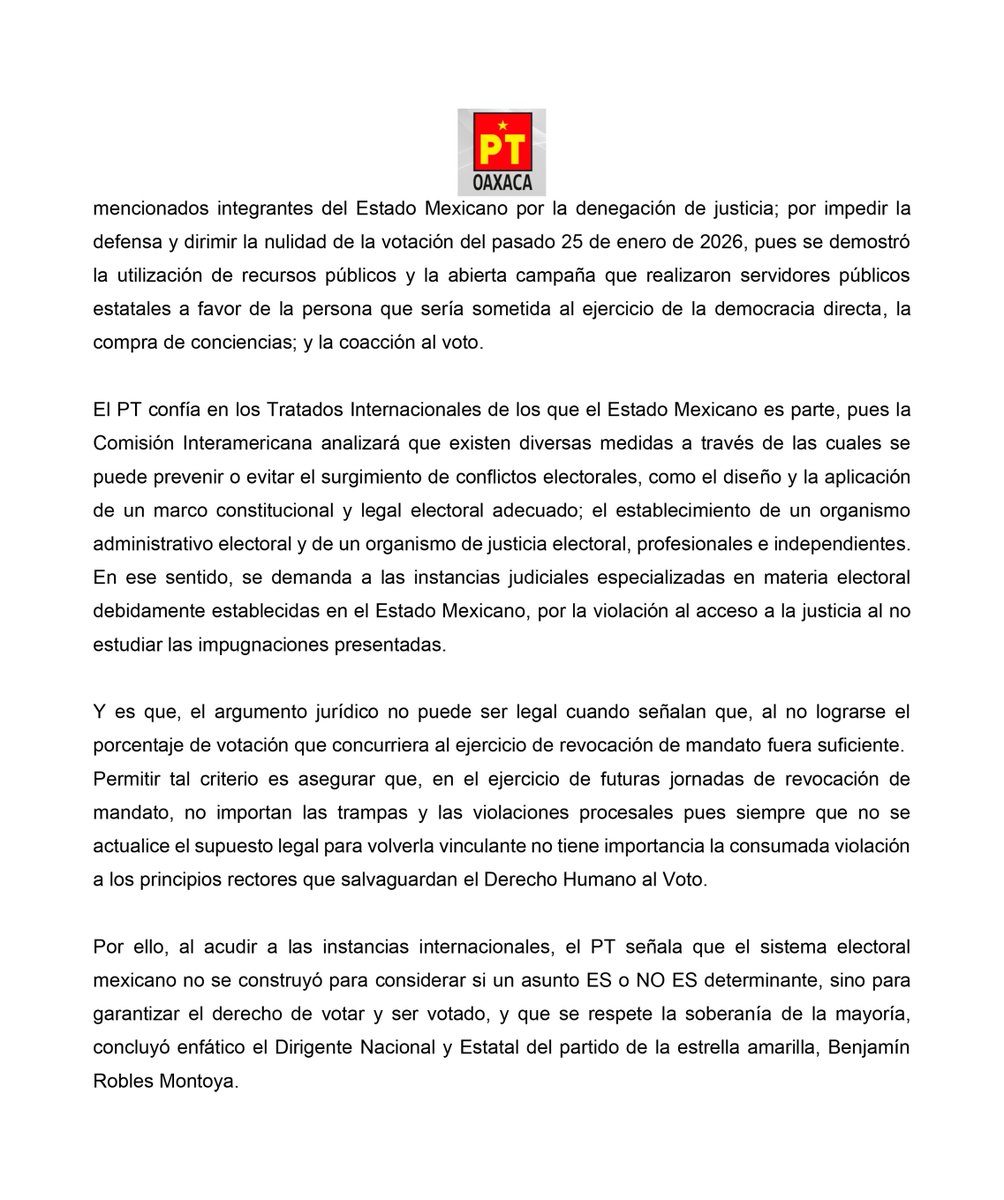 ¡La voluntad de las y los oaxaqueños no se negocia! 
En el PT, nuestra lealtad es con la ciudadanía y con la transparencia de nuestra democracia. Por eso, hemos acudido ante la Comisión Interamericana de Derechos Humanos para exigir justicia y defender el Derecho Humano al Voto.