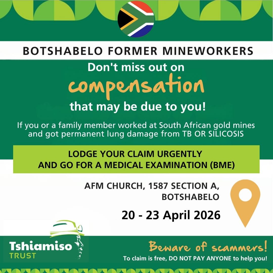 Baahi ba Botshabelo le dibaka tse e potapoileng Free State, Tshiamiso Trust e tla ba le lona ho fihlella ka labohlano lena. Nka monyetla o ilo fumana lesedi kapa thuso ka matlole a basebeletsi ba mehleng ba morafong...