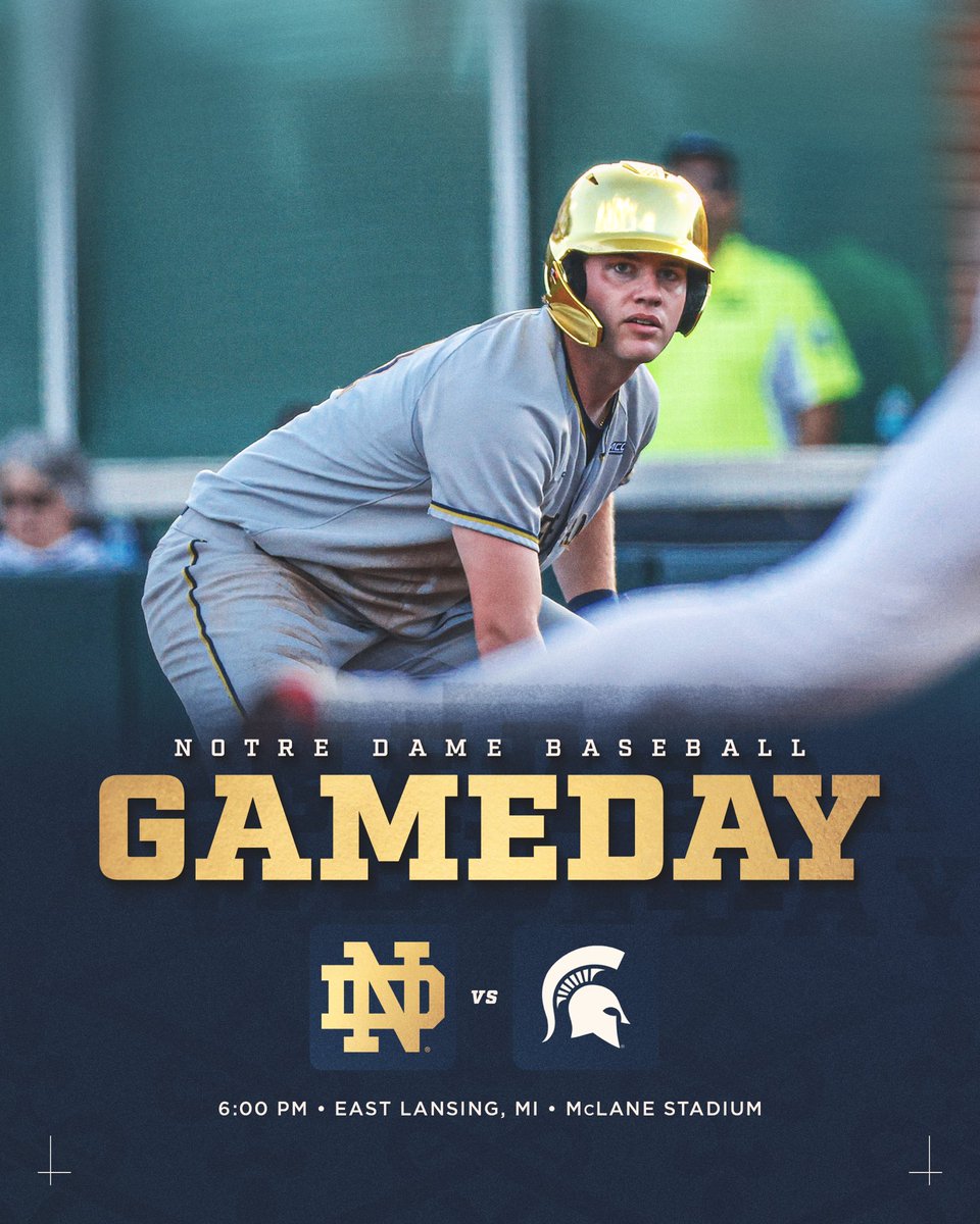 NDBaseball's tweet photo. GAMEDAY

🆚 Michigan State
📍McLane Stadium | East Lansing, MI
⏰ 6 PM ET
📺 Big Ten Network 
📊 https://t.co/b1eBlyNCz7

#GoIrish ☘️ https://t.co/hHGAbzx6tD
