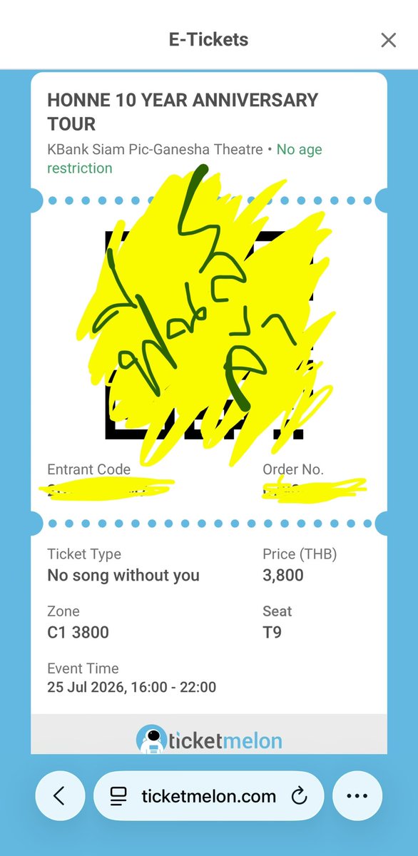 MBismz's tweet photo. ปล่อยบัตรคอน Honne วันที่ 25 ก.ค. ค่ะ 
โซน C1 ที่นั่ง T9
ราคาเต็ม 3800 ปล่อย 3000 บาท 
ขอดูหลักฐานการสั่งซื้อได้หมดทุกอย่างค่ะ ใช้แค่คิวอาร์เข้างาน วันที่ชนทริปเดินป่าค่ะ เราต้องเลือก 🥲

#honne #honne10years #honne10yearsanniversarytour #honne10yearanniversarytourinbkk https://t.co/Tue5QYcnt7
