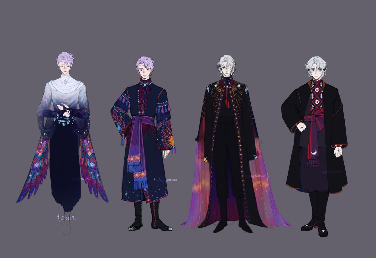 I think a lot about these New/Old (in story) Evening Stars designs #oc 
Still need to decide on what flower representing them same as Morning glory for Dawn Stars and Poppy for Midnight stars