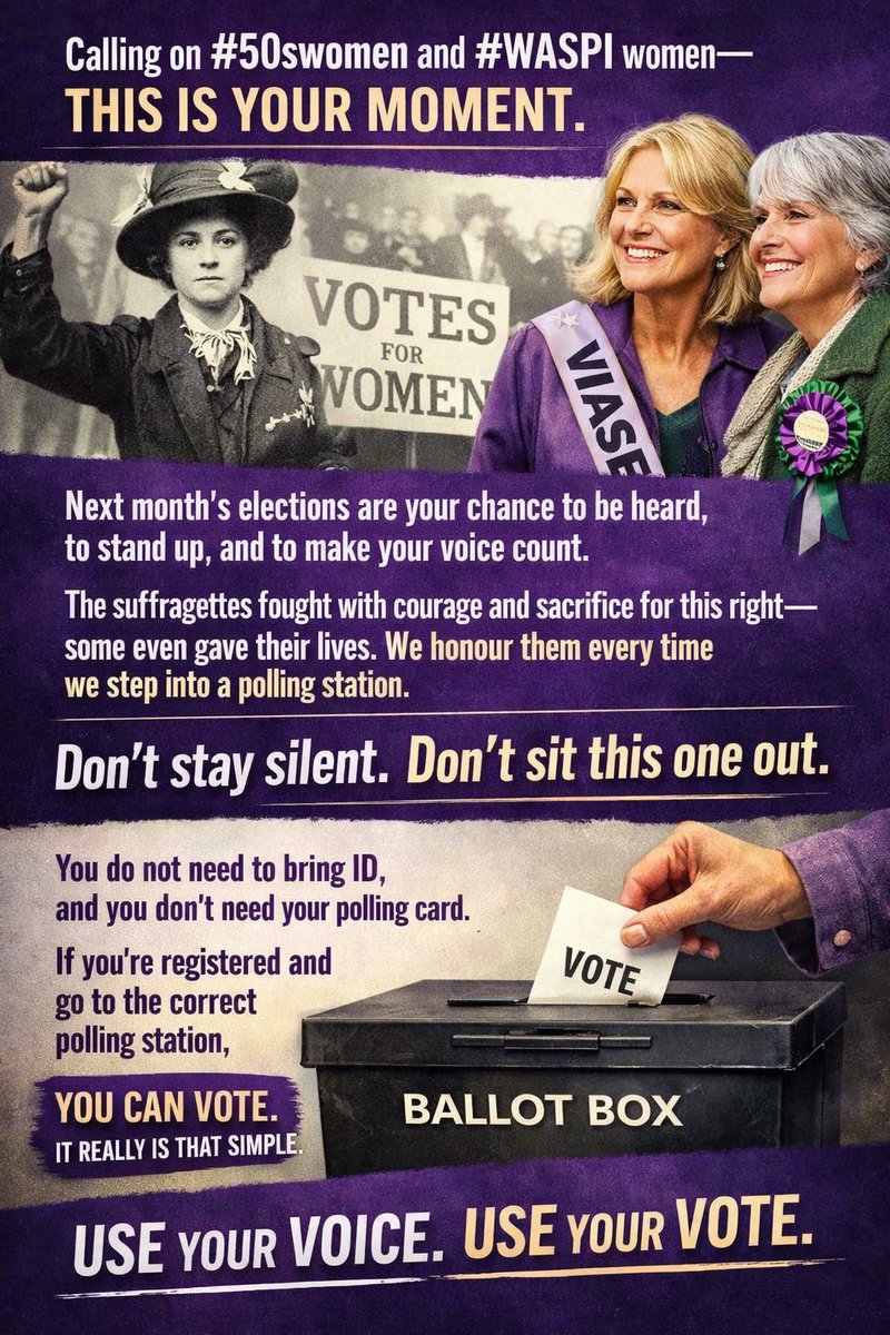 50sWOWPembsCarm's tweet image. #50swomen #WASPI women this is your moment. The suffragettes fought &amp;amp;  sacrificed for your right to vote. Honour them. Be heard. In Wales no ID needed. No polling card needed.  Just be registered and go to your polling station.
Don’t stay silent. Use your voice &amp;amp; vote. 🏴󠁧󠁢󠁷󠁬󠁳󠁿✔️🏴󠁧󠁢󠁷󠁬󠁳󠁿