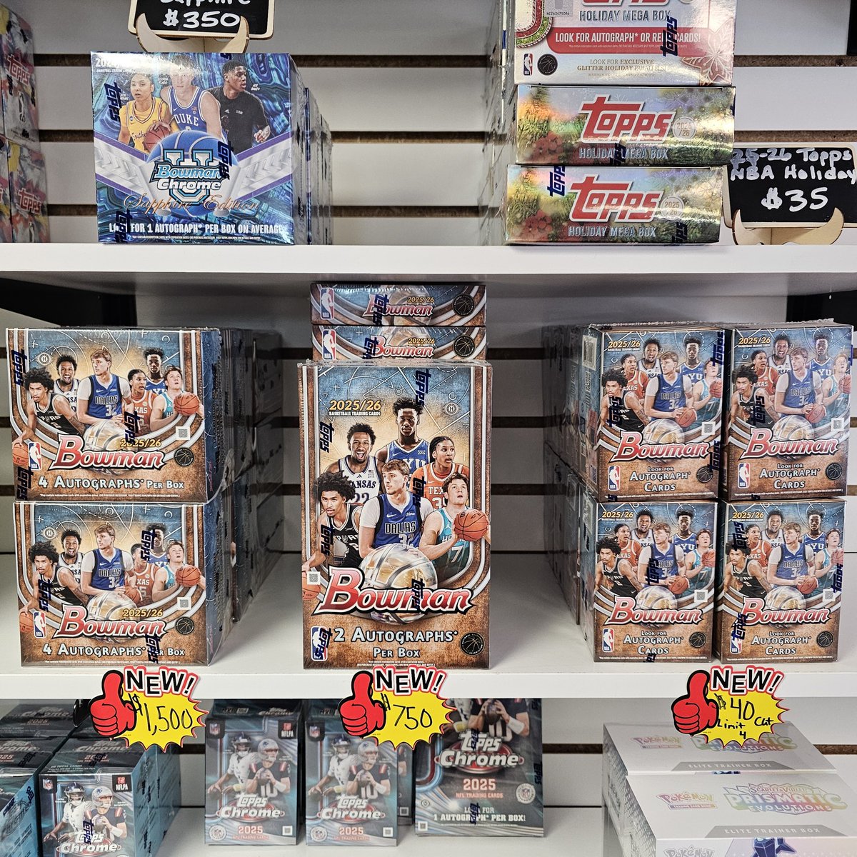 HAPPY WEDNESDAY! 

Bowman Basketball is here in the shop! Hobby formats are expensive site price and store price are different. Retail is at the appropriate price in-store WITH LIMITS and CUT WRAPPERS. You can walk out with it sealed at market price. 

We've added a free spot to