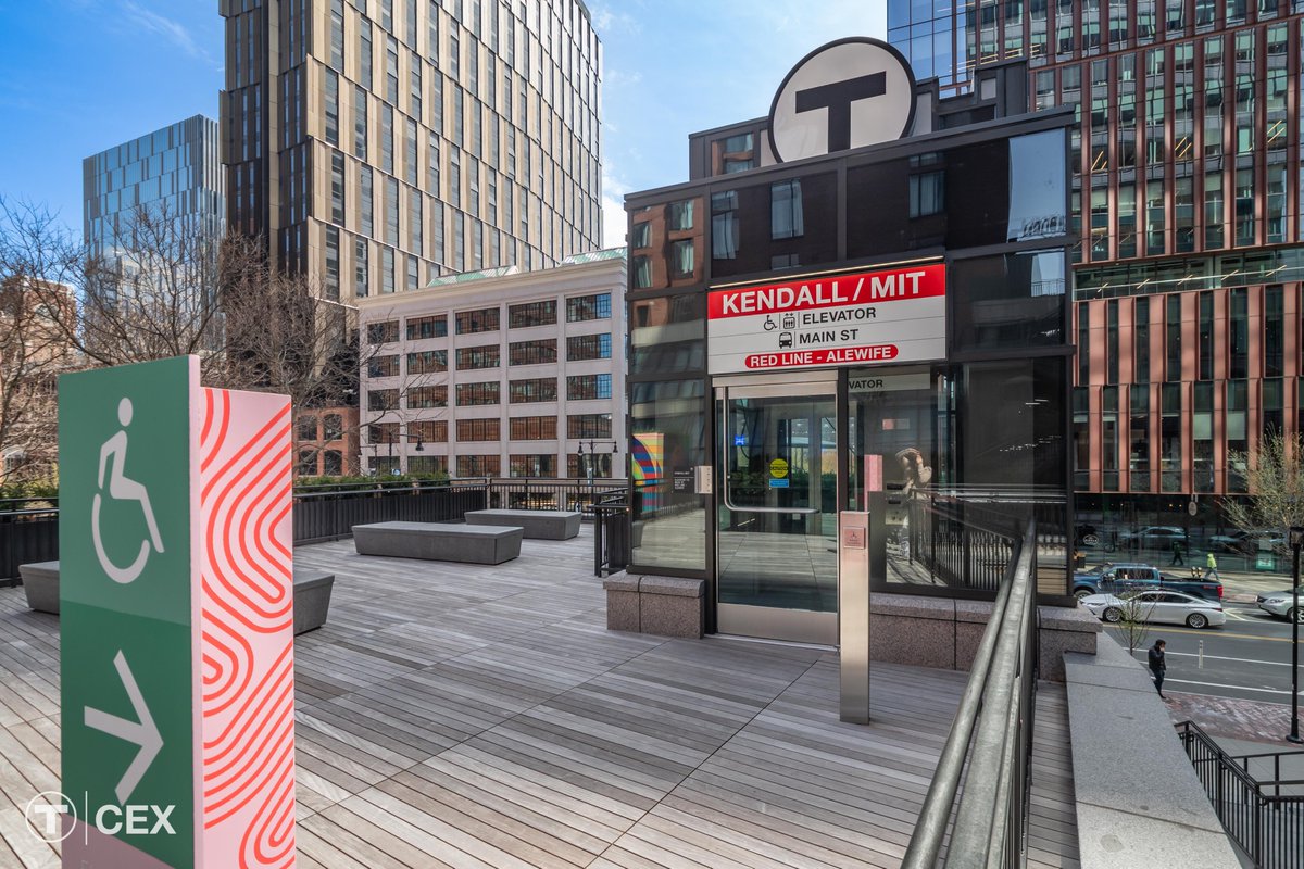 MBTA's tweet photo. The Red Line's new Kendall/MIT outbound headhouse opened on April 20. BXP funded & rebuilt the Alewife entrance with @CambridgeCRA, delivering renovated stairs, escalator & a new elevator for a modern, accessible experience that connects to the neighborhood & beyond.
#TAccess https://t.co/2BuAUdqG4n