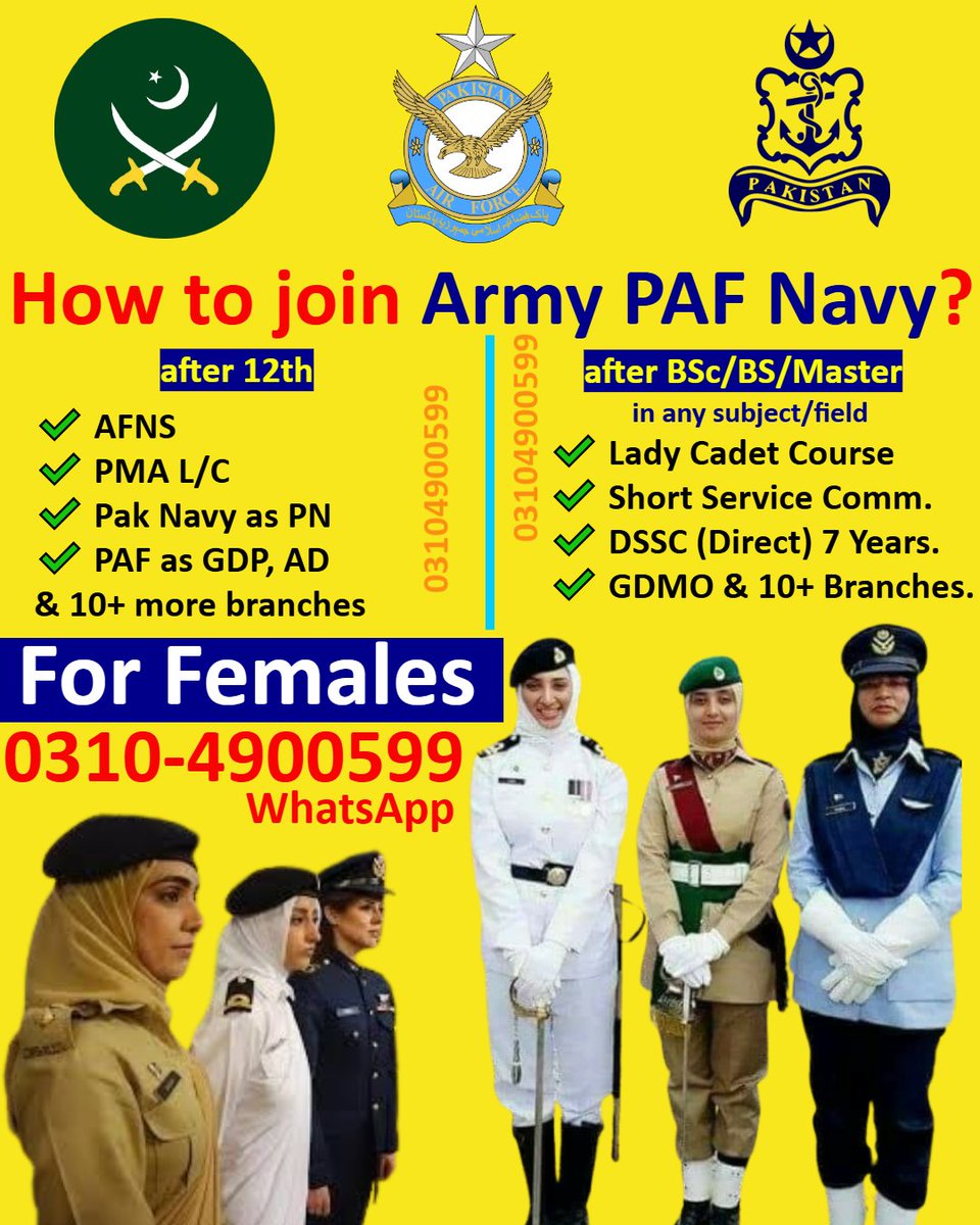 NumsPmc's tweet image. 🧕 How girl's can join after 12th or BSc/BS
Join Army Navy PAF after 12th or BSc BS or Master's in any subjects or field's (For Girl's)

✔️ For Job's: Follow instagram.com/mdcatarmy?igsh…
🇵🇰 Apply Now ! Online Registration Open for #PakNavy #PakAirForce and #PakArmy