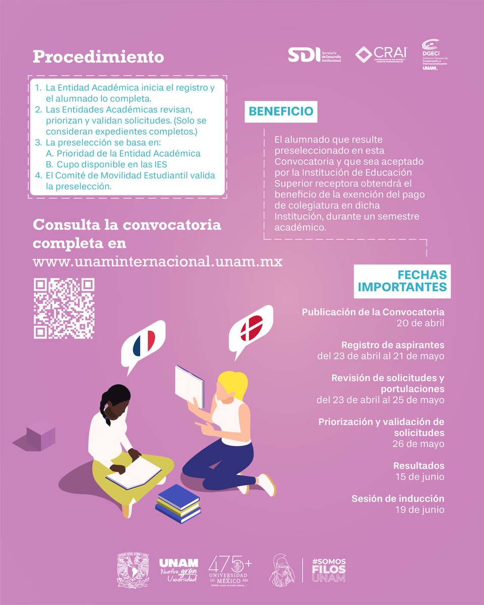 filos_unam's tweet photo. 🌍✈️ ¡Vive la experiencia de estudiar en el extranjero!

La Convocatoria de Movilidad Estudiantil 2027-2 ya está abierta para la #ComunidadFilos. Realiza un semestre en otra universidad con exención de pago de matrícula y amplía tu formación académica y cultural 📚✨

🔎 Consulta la convocatoria completa aquí 👉 https://t.co/G0dmD9PzPG
📝 Regístrate y asiste a la sesión virtual de dudas: https://t.co/cPsQmIVBTf

📌 Revisa las infografías para conocer requisitos y fechas importantes.
📩 Informes: movilidad@filos.unam.mx