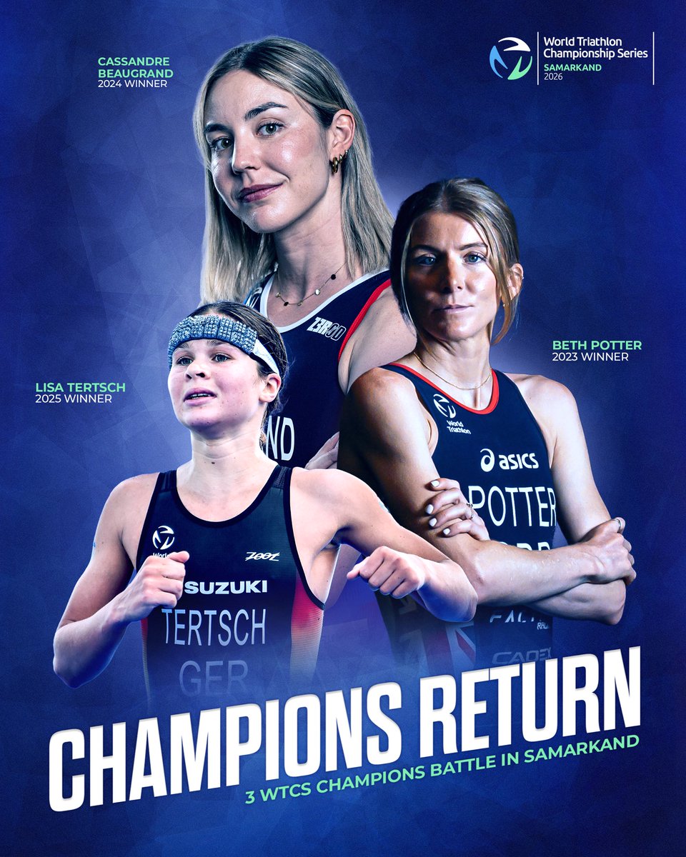 worldtriathlon's tweet image. Battle Royal incoming… 💥

Your past 3️⃣ world champions are about to clash in Samarkand 🇺🇿

Watch the battle on TriathlonLive.tv | 25 April from 1pm LOCAL TIME / 10am CEST 

#Triathlon #WTCSSamarkand