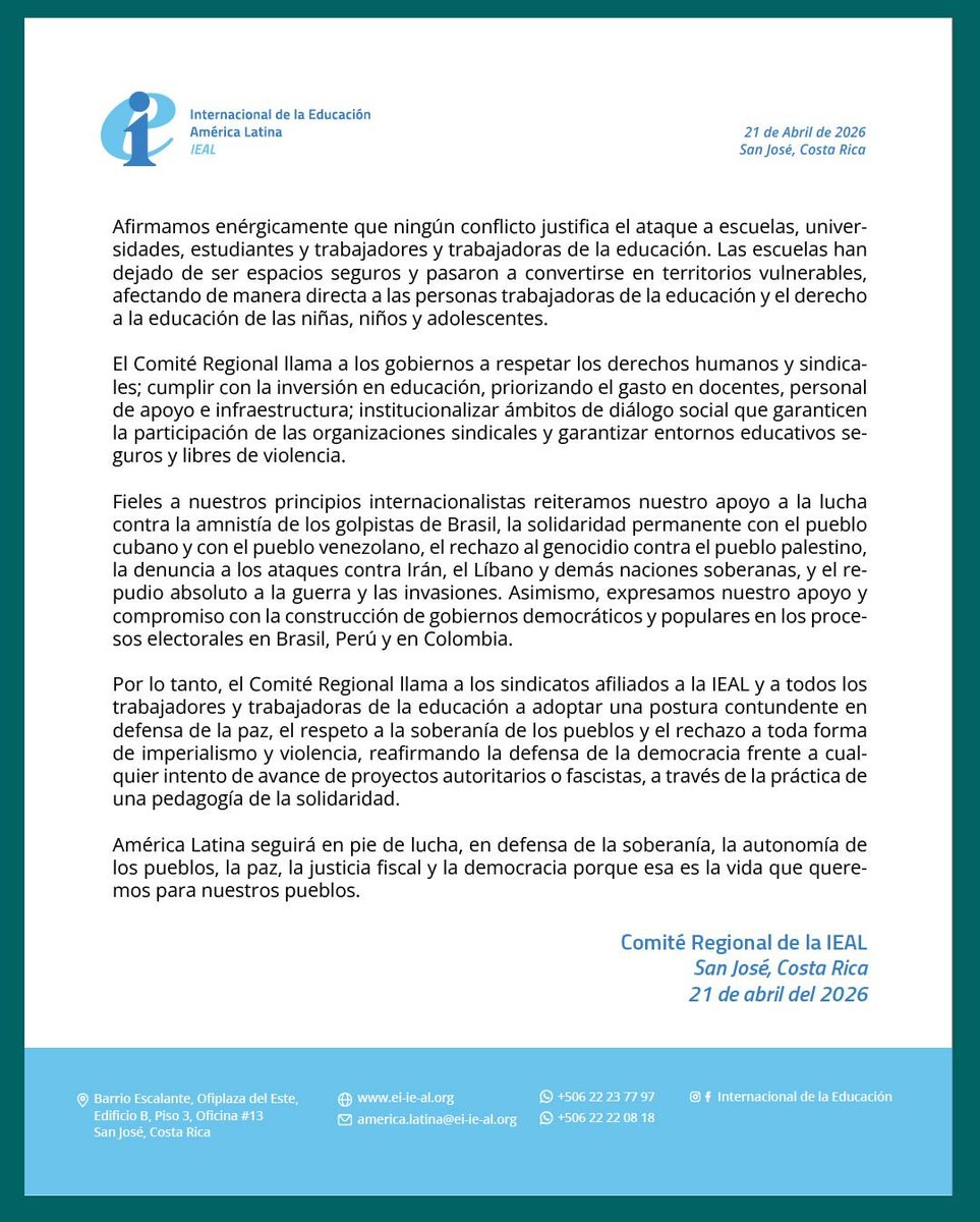 EcEnDirecto's tweet photo. #ATENCIÓN
La @UNENACIONAL posteó una declaración de la Reunión del Comité Regional de la #IEAL, mediante el cual reafirman su compromiso con la defensa de la educación pública, la paz y los derechos de las y los docentes.
Además, "rechazamos toda forma de violencia, injerencia e injusticia que vulnera a nuestros pueblos y a la educación. Educar es construir democracia, soberanía y justicia social".