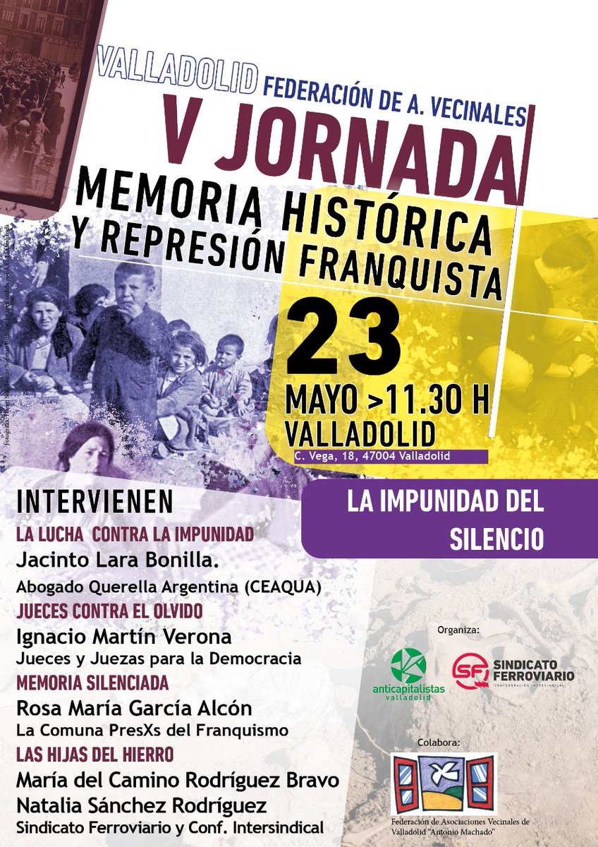 AnticapiVLL's tweet photo. El próximo 23 de mayo, en Valladolid, reunimos voces imprescindibles para seguir abriendo preguntas sobre la impunidad franquista, el silencio impuesto y la lucha por la verdad, la justicia y la reparación.
Una jornada para construir memoria colectiva frente a la impunidad. https://t.co/aAEJqm9bCs