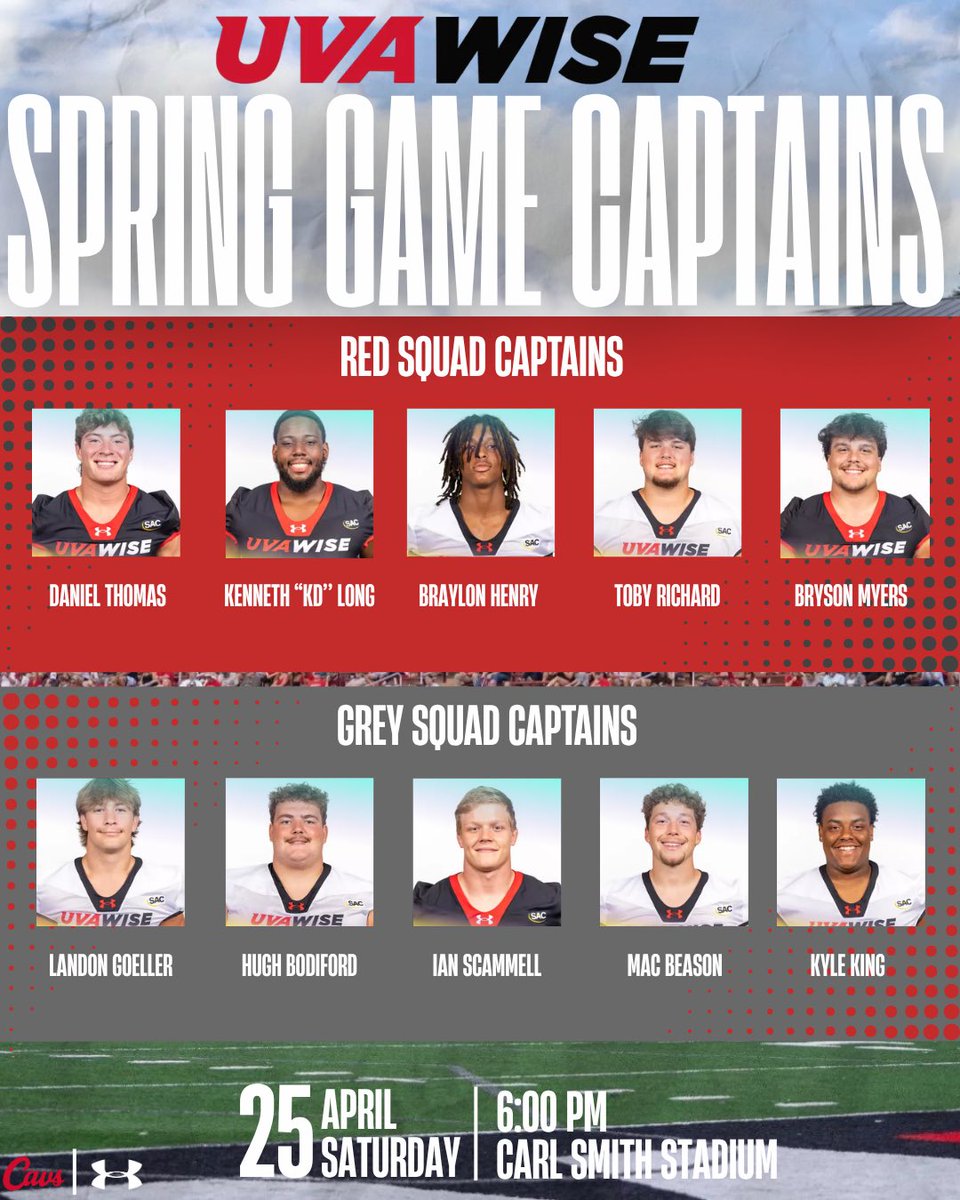 UVAWiseCavsFB's tweet image. Spring Game Captains set 🔥
Red vs Grey is about to be a movie… who you got? 

Team rosters dropping soon… stay tuned 👀

#PEWAV #FFF #HTR