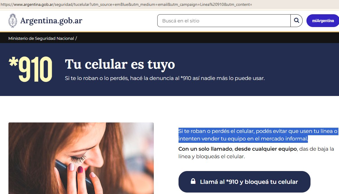 SeguInfo's tweet photo. 🚨¿Correo Verdadero o Falso #MiArgentina910?👇🤔
"Si te roban o perdés el celular, podés evitar que usen tu línea o intenten vender tu equipo"

Como tener una idea útil e implementarla MUY MAL.

El correo ES VERDADERO pero parece falso. Por esto existe el #phishing! https://t.co/KuoKdI9DKz