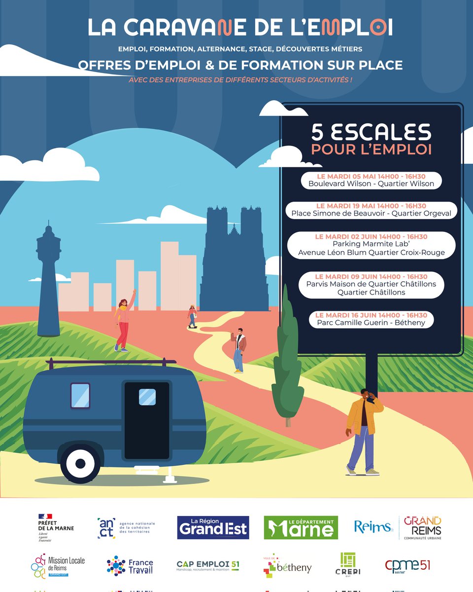 MLReims's tweet photo. La Caravane de l’Emploi revient pour sa 6e édition av. ambition renouvelée: Aller au plus près des publics pour faciliter l’accès à l’emploi, la formation et l’accompagnement
5 étapes à travers les quartiers de #Reims  pour favoriser les rencontres directes. 1e: 5 mai - Wilson https://t.co/qDr6Wjb0U0