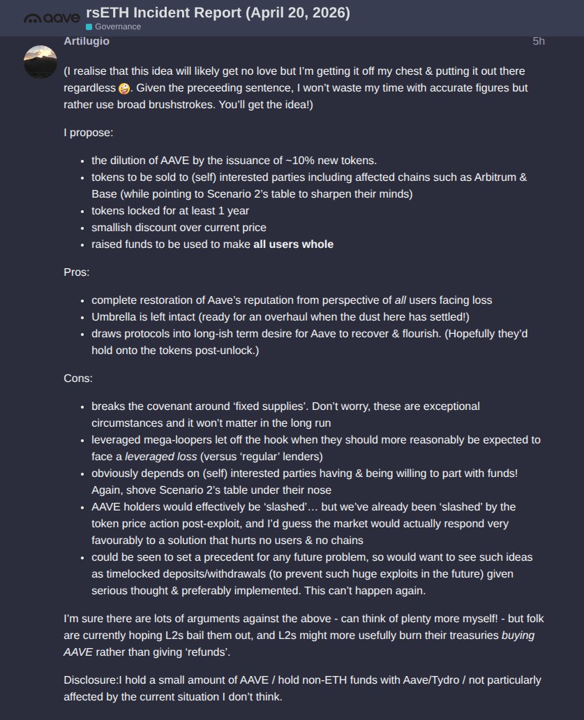 Huchano's tweet photo. @StaniKulechov Issue 'stock' (i.e. more AAVE tokens).
Sell these to Arb, Base, Ink, L0, Kelp, etc.
Everyone gets made whole, everyone's reputation gets restored (er, sort of) &amp; no legal quagmire.
No one would lose, everyone would win.
https://t.co/ZUfCQQRTFc https://t.co/ObX2MT4OU5