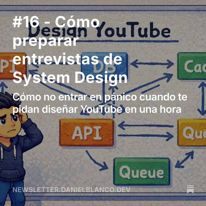 DanielBlancoSWE's tweet photo. #16 - Cómo preparar entrevistas de System Design

Estas entrevistas asustan. Te dan un problema muy abierto y tienes que diseñar algo decente en 1 hora.

Tras cientos de entrevistas como candidato y entrevistador, hoy os resumo las claves y cómo prepararte.

Artículo completo 👇 https://t.co/WJzDVMxxP7