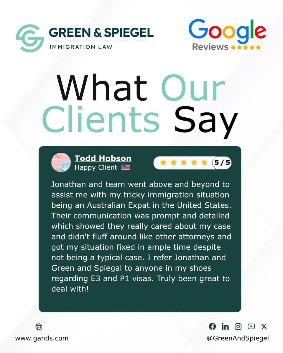 GreenAndSpiegel's tweet image. #GreenSpiegelUS: We’re proud to share another ⭐⭐⭐⭐⭐ review!
From complex E-3 to P-1 visas, Jonathan and our team deliver clear communication and real results, even in unique cases.
Thank you, Todd, for your trust!
#ClientReview #ImmigrationLaw