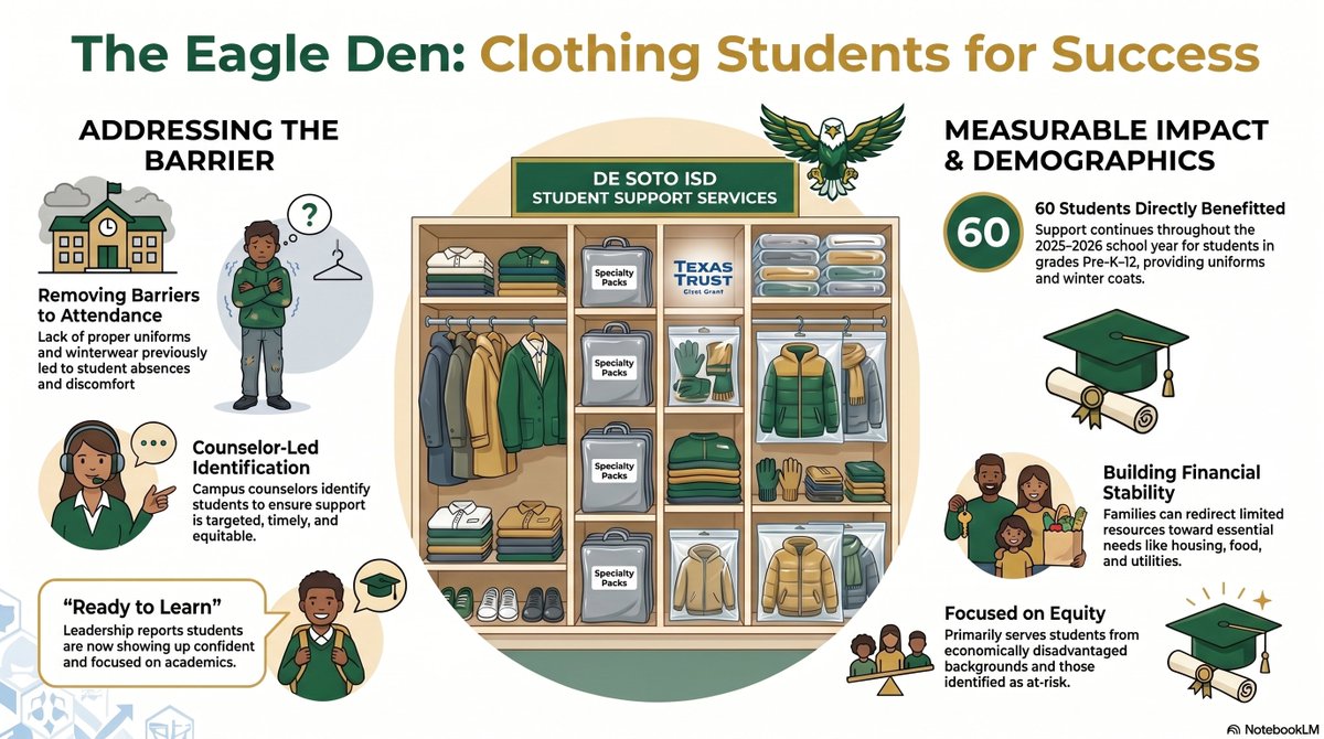 msedbostic's tweet photo. A huge thank you to @TexasTrustCU  Gives for supporting @desotoisdeagles  Districtwide Uniform &amp; Winterwear Closet w/ the Community Impact Grant w/ Student Support Services. This helps us meet real student needs, remove barriers to attendance,  confidence, and readiness to learn https://t.co/1rXU1CPSQ0
