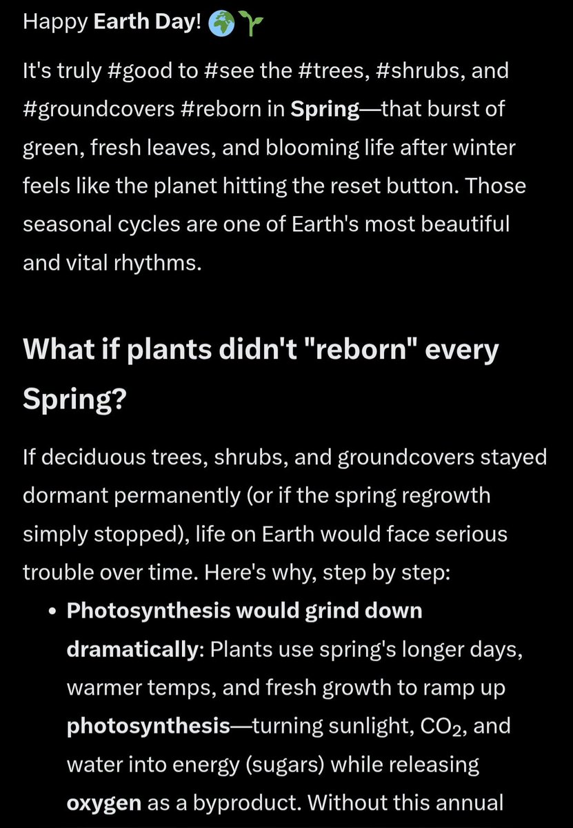 HEIS_Tswvlis's tweet image. Grok: It's #good to #see the #trees, #shrubs, &amp;amp; #groundcovers #reborn during the #Spring. What would happen to #life on #Earth if they didn't reborn every Spring? (1 of 2)

#HAPPY #EARTHDAY

4/23/2026