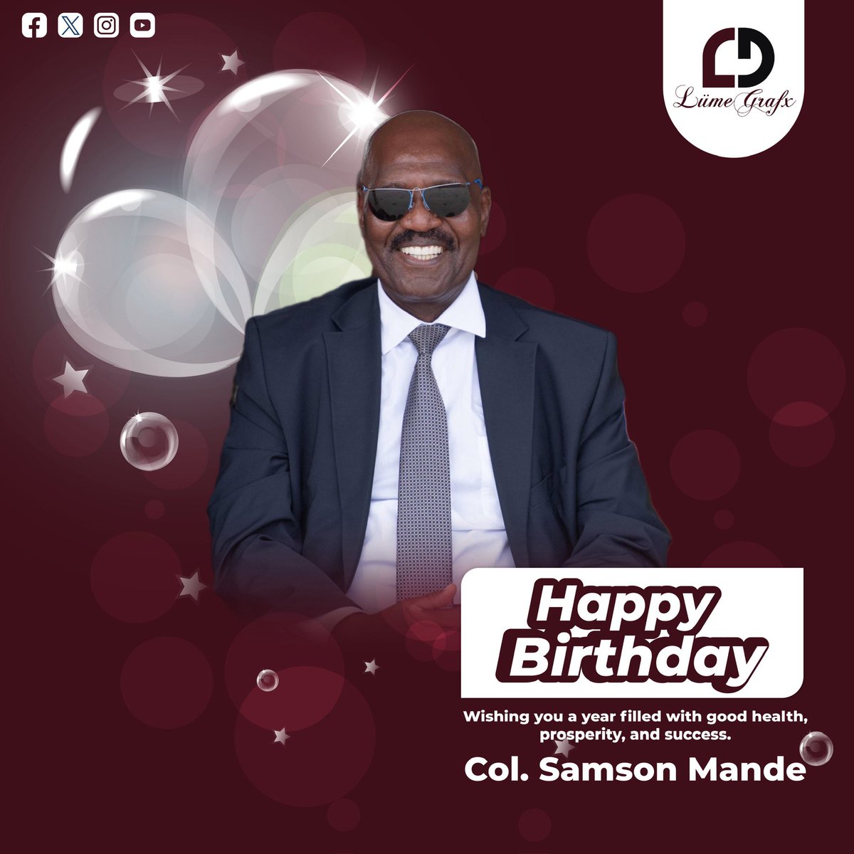 zaabulwanta's tweet image. 🎉Celebrating a remarkable leader today! Happy Birthday Col. Samson Mande , wishing you good health,prosperity, and continued success in the year ahead.May this new chapter bring even greater achievements. 
Design by Lumegrafx🎨

#Lumegrafx #CelebratingLeadership #graphicsdesign